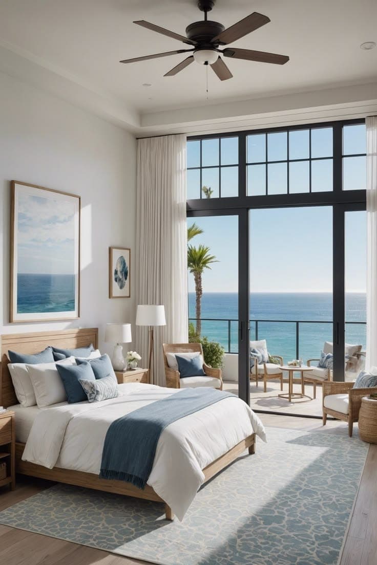 Chambre claire ouverte sur la mer, literie blanche et rideaux légers