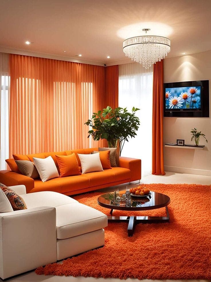 Salon aux rideaux orange et mobilier bas en bois clair