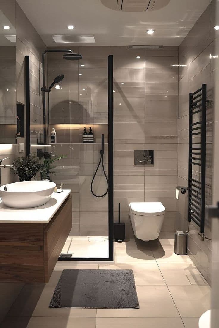 Salle d'eau beige et noir, vasque posée et robinetterie sombre