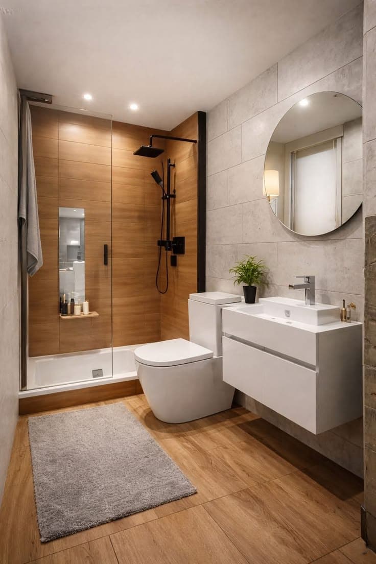Salle de bain blanche et bois, douche à l'italienne et niche de rangement