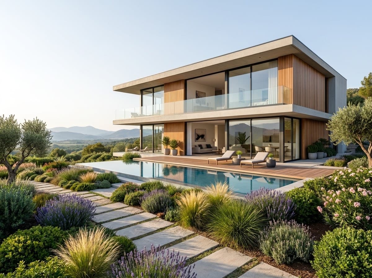 Villa contemporaine avec piscine et large terrasse en bois