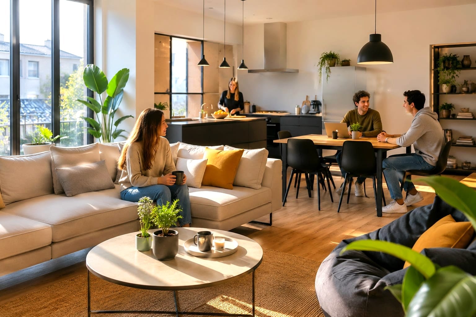 Plusieurs personnes réunies dans un grand séjour partagé, table commune et postes de travail