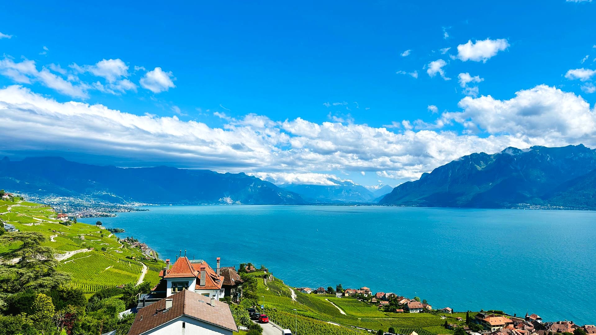 Le lac Léman et les Alpes vus depuis les coteaux, villages en bord d eau