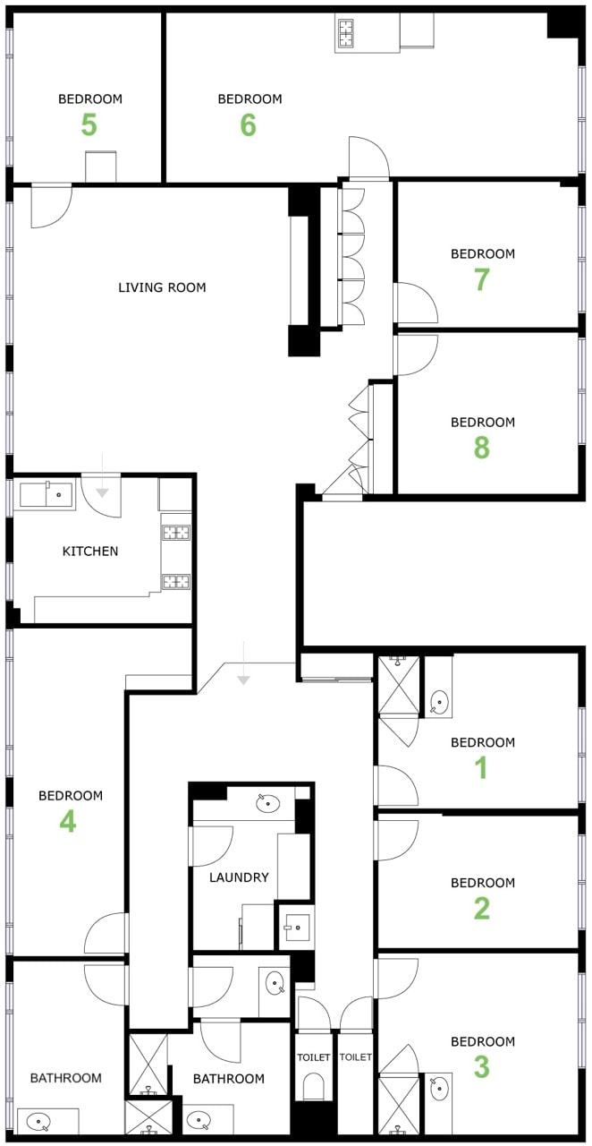 Floor plan of the shared flat: eight bedrooms around a central hallway, kitchen, living room, two shower rooms and two separate toilets