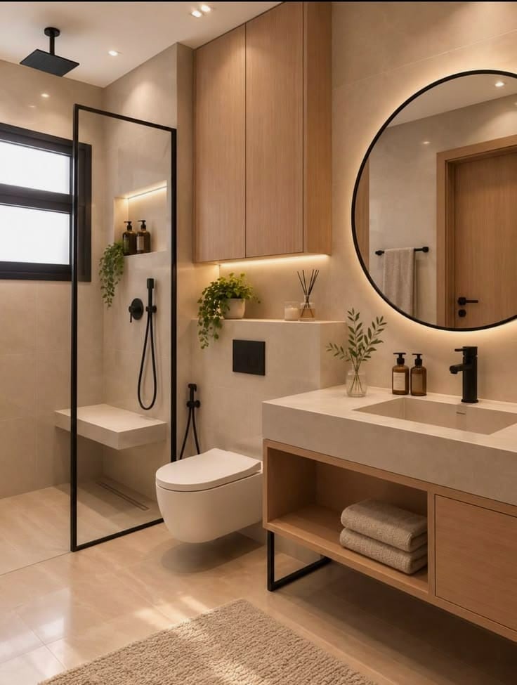 Salle de bain en béton ciré avec grand miroir