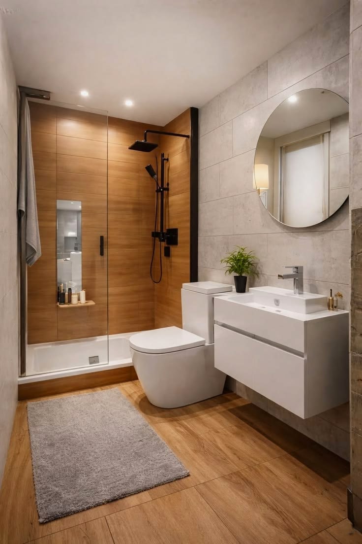 Salle de bain en bois avec miroir rond
