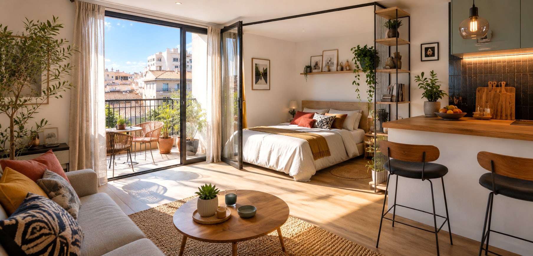 Studio ouvert donnant sur un balcon