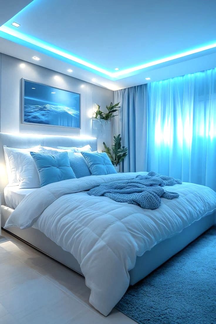 Chambre contemporaine avec bandeau lumineux au plafond et literie claire