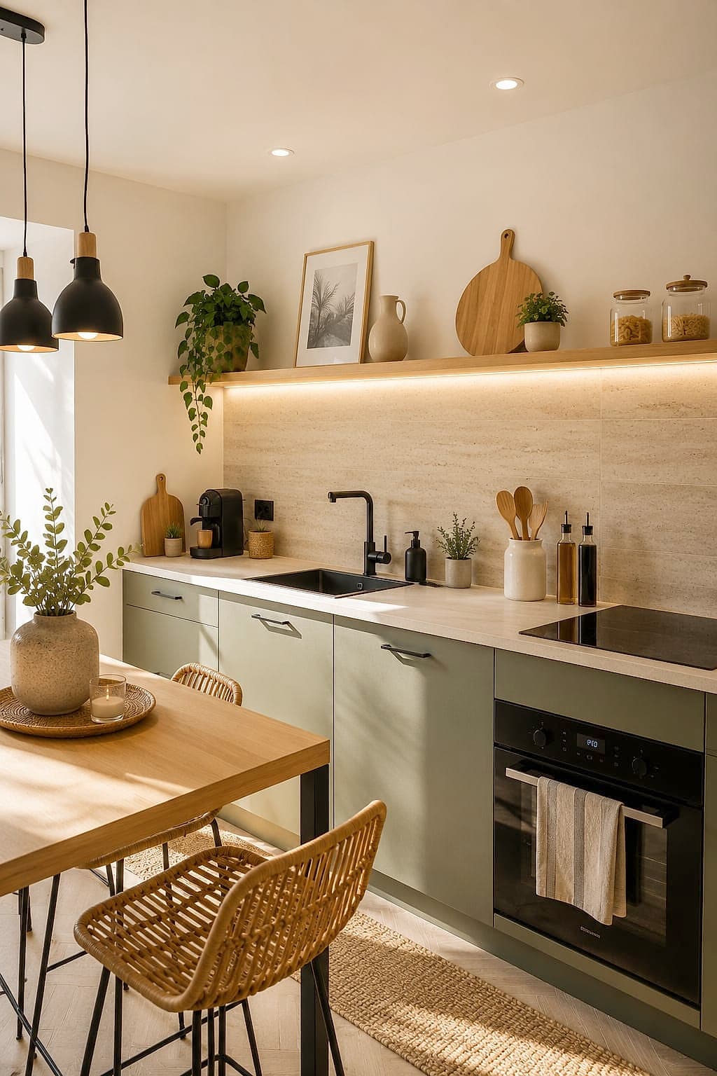 Modern fitted kitchen with a clear worktop