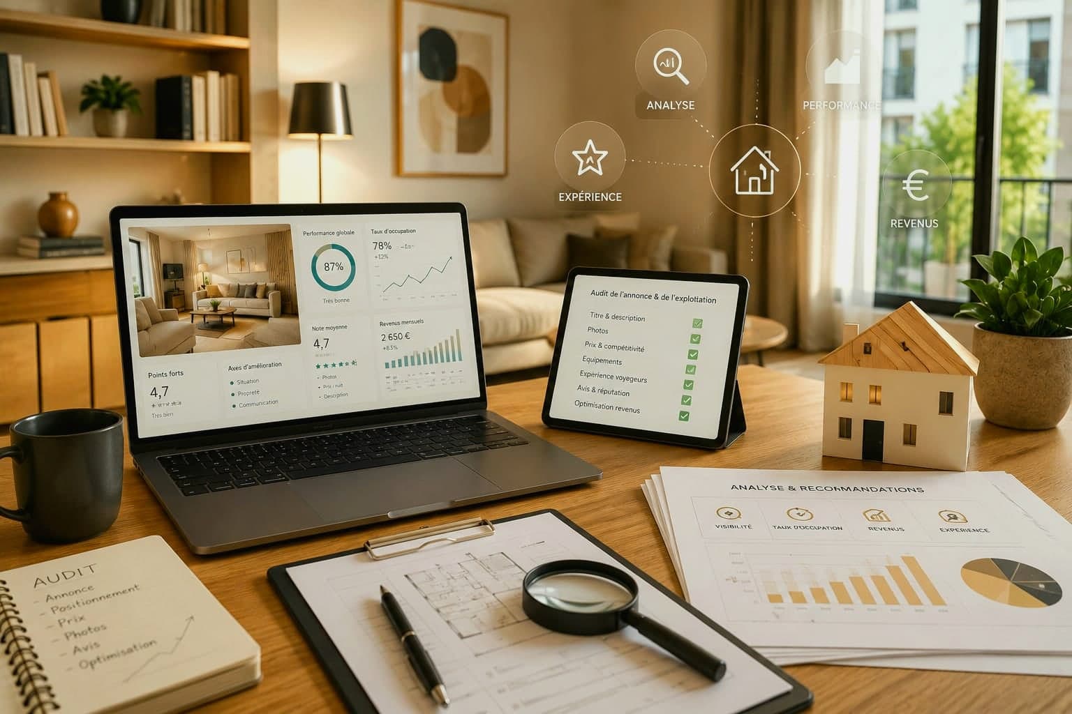 Table de travail avec un tableau de bord d'audit affiché à l'écran, carnet et documents