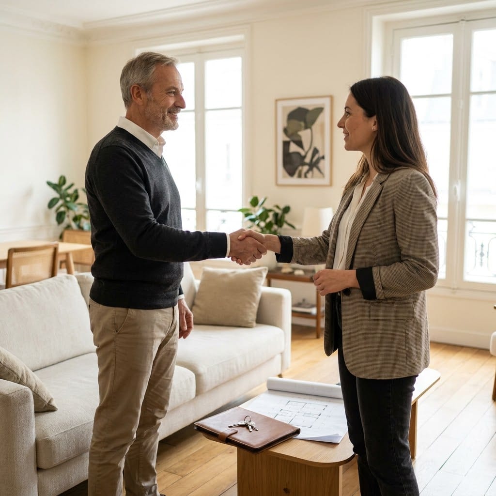 Poignée de main entre un propriétaire et une conseillère, plans et clés posés sur la table