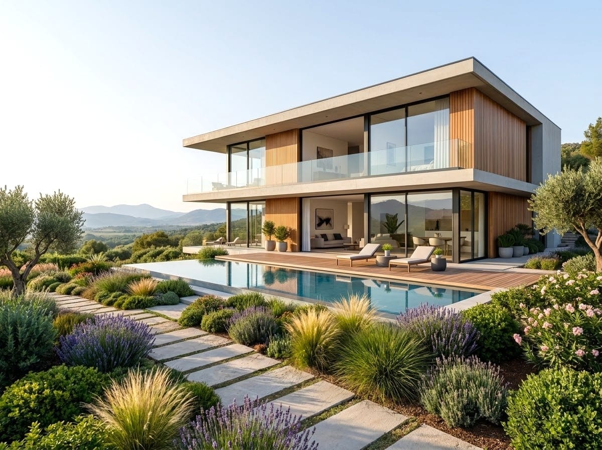 Villa contemporaine avec piscine à débordement et jardin méditerranéen