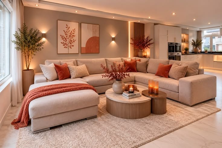 Salon beige et terracotta
