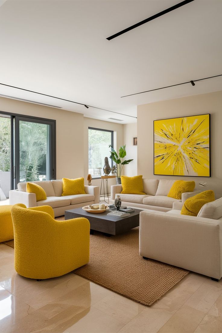 Salon crème, fauteuils jaunes
